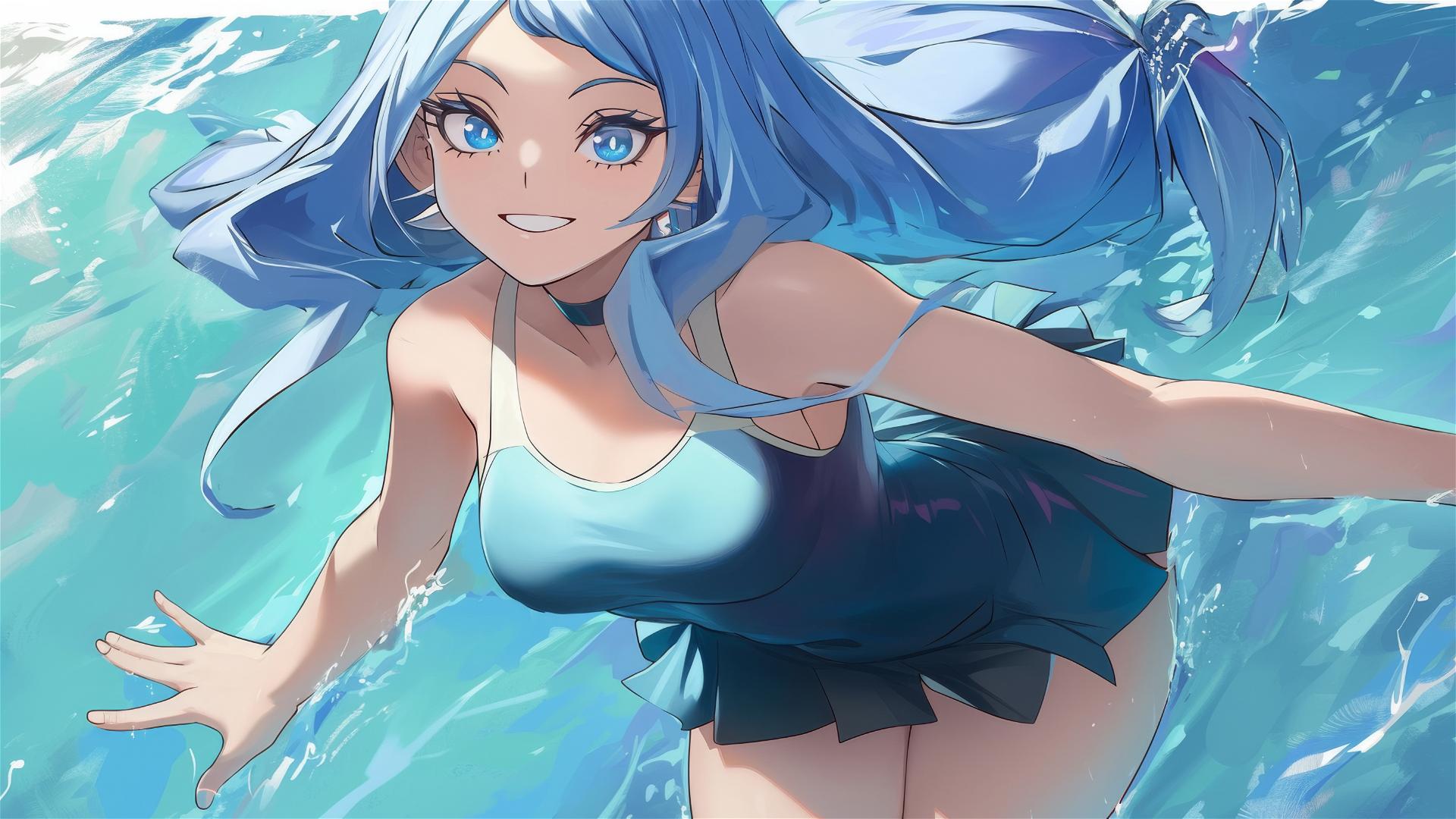 Nejire Hadou from My Hero Academia swimming in pool under moonlight