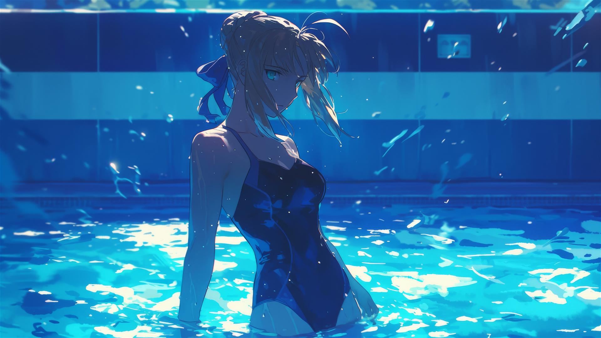 Saber from Fate/Zero standing in pool under moonlight