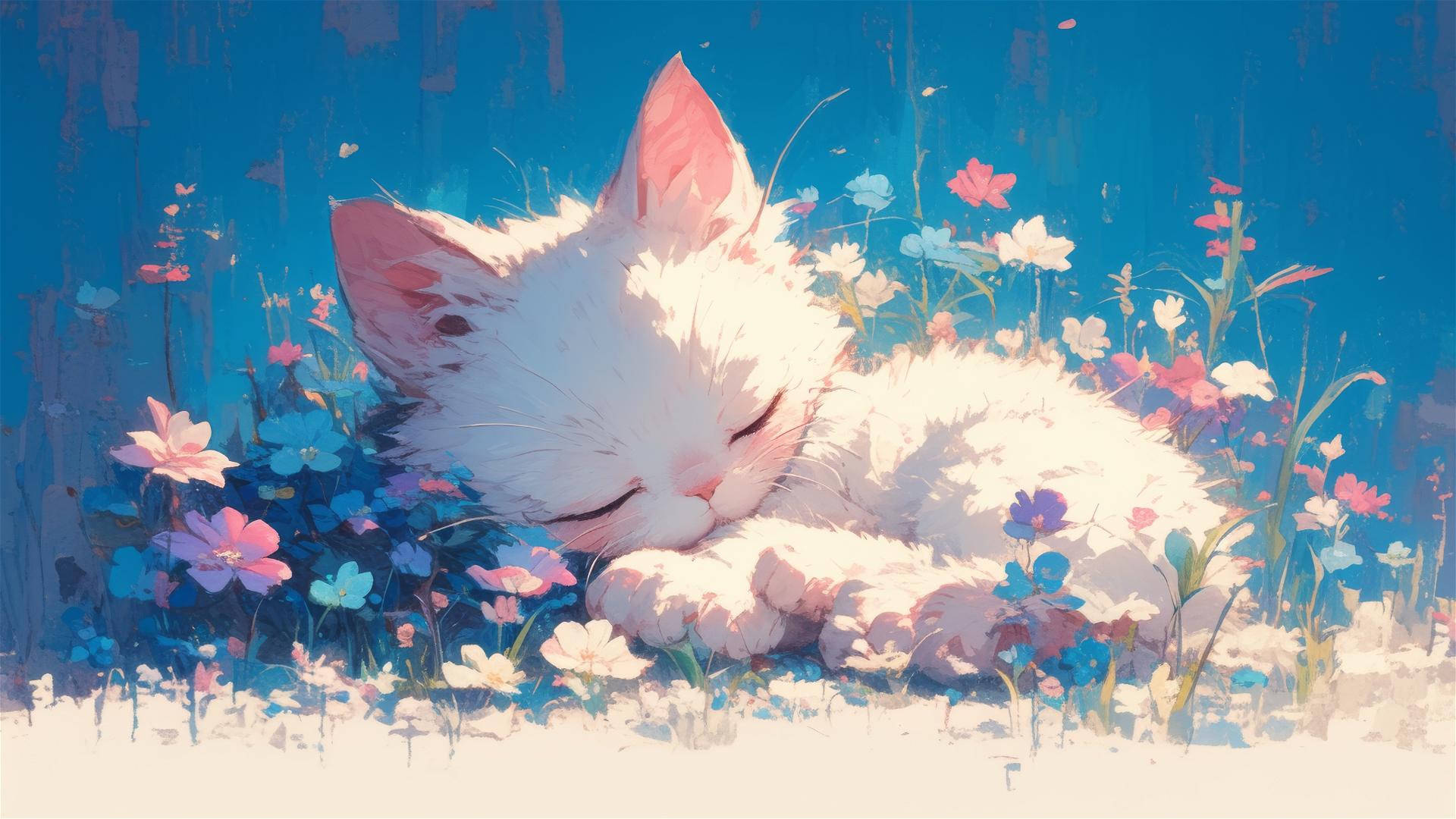 British Shorthair cat sleeps in a colorful flower panorama