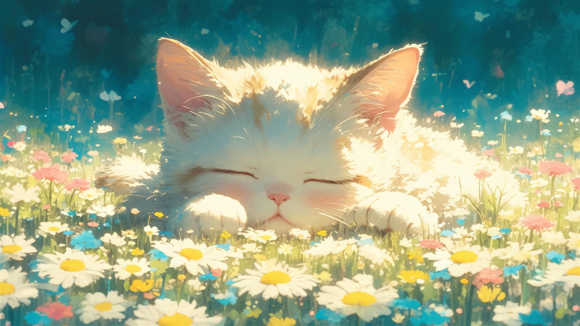 Cute British Shorthair cat asleep among colorful flowers in Japanese animation style
