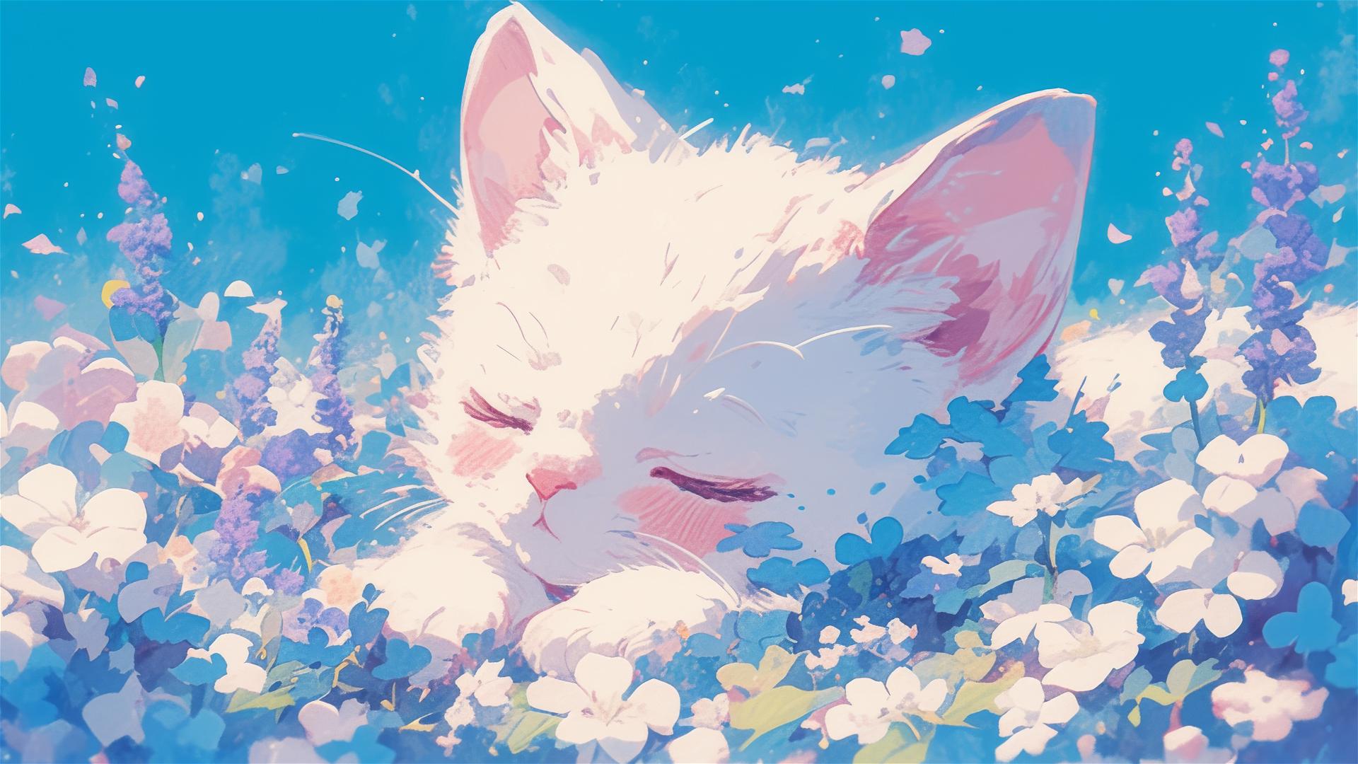 Colorful Japanese animation scene with a sleeping British Shorthair surrounded by flowers