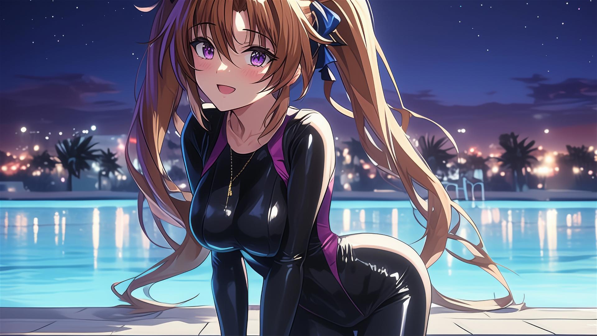 Irina Shidou from High School DxD resting by a pool under moonlight, violet eyes highlighted