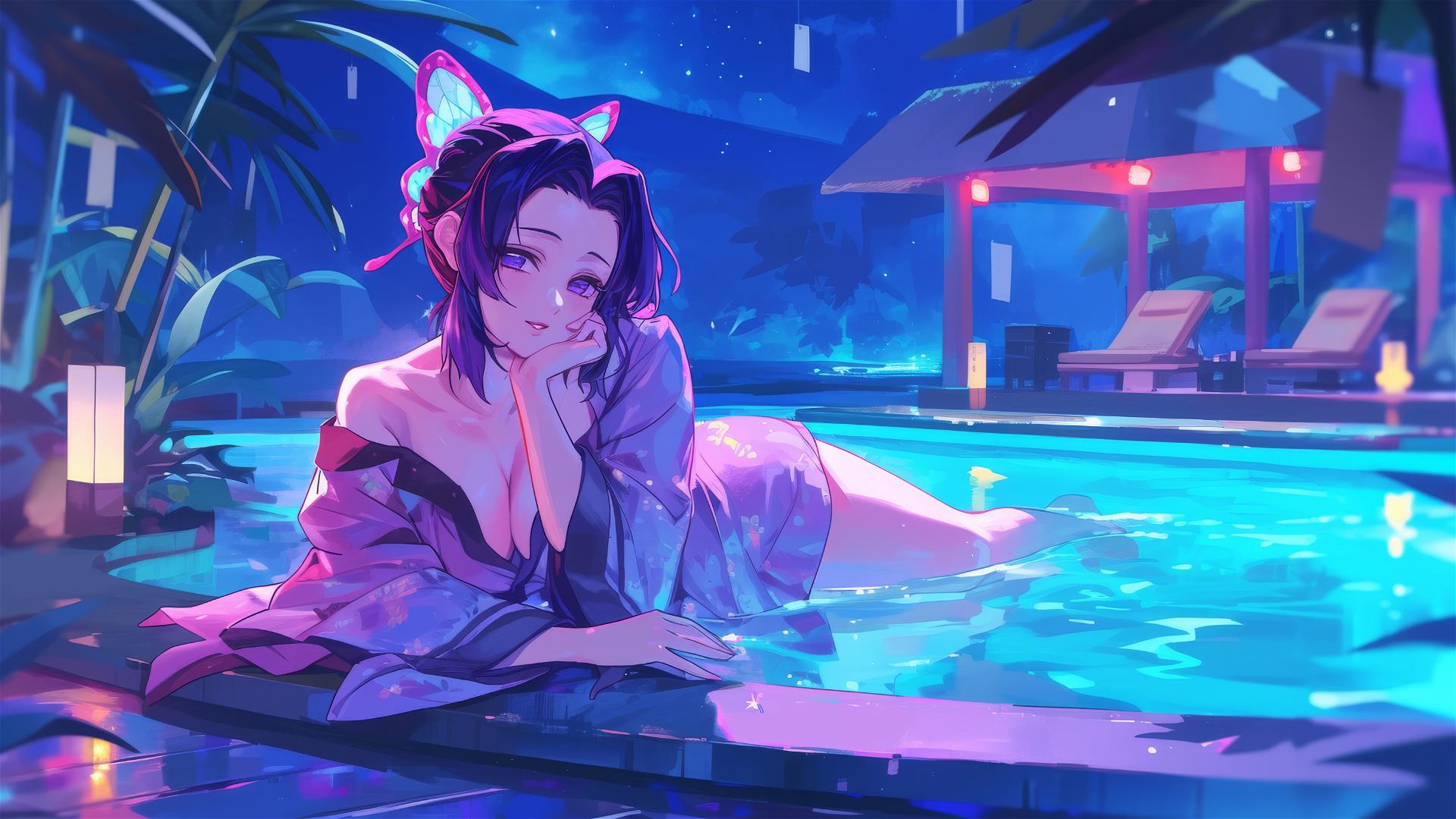 Shinobu Kocho in silk pajamas by pool under moonlight