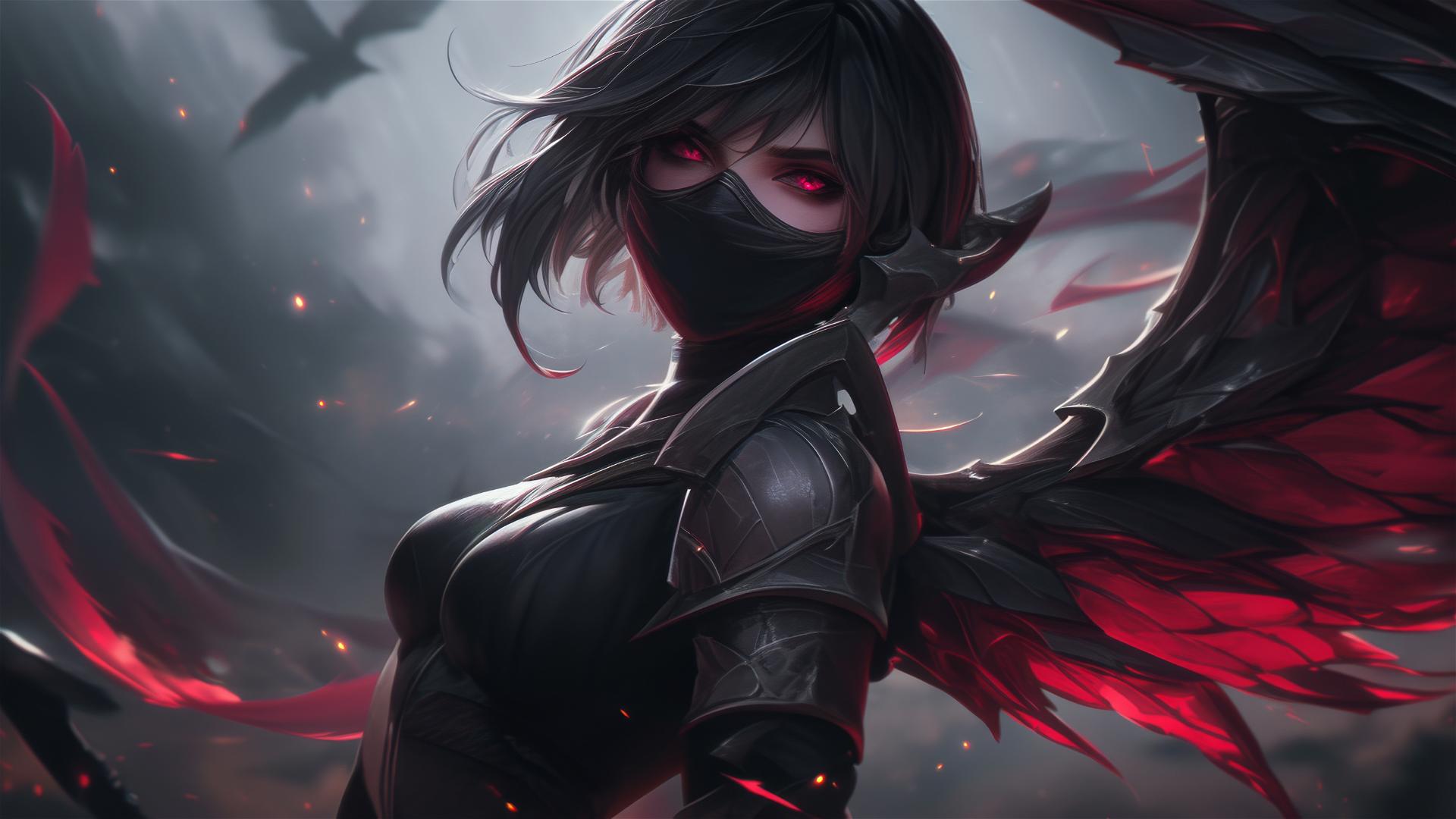 Demon girl with mask in spotlight on dark background