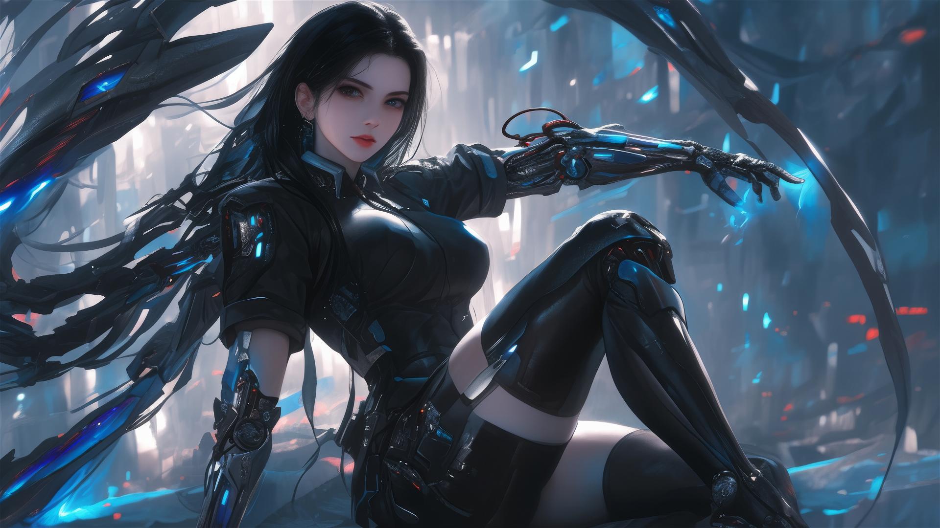 Cybernetic Agent Girl with thigh focus on dark background in dynamic pose