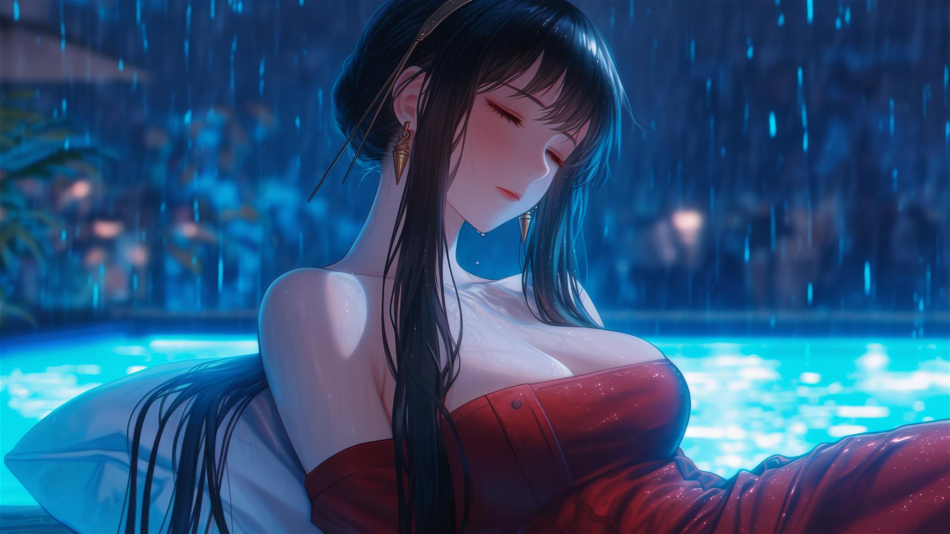 Yor Forger from Spy x Family, resting by a pool in the moonlight
