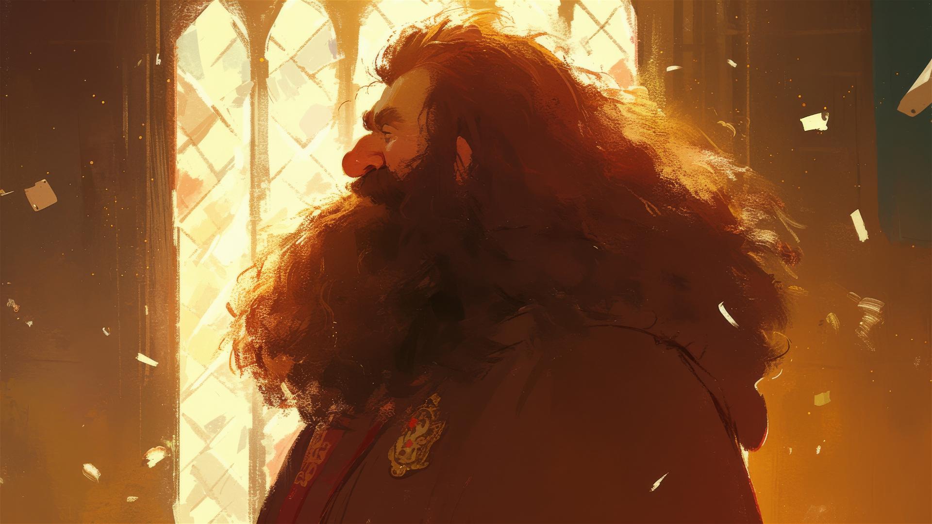 Illustration of Hagrid on dark background with spotlight