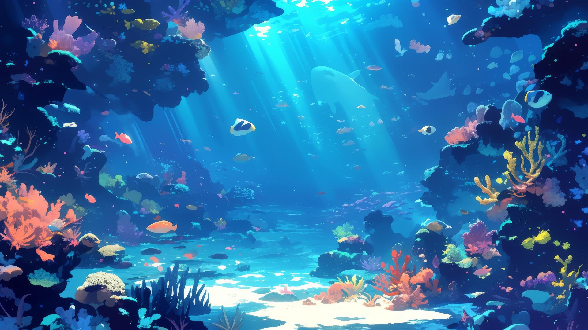 Moonlit coral reef with vibrant marine life and light rays underwater