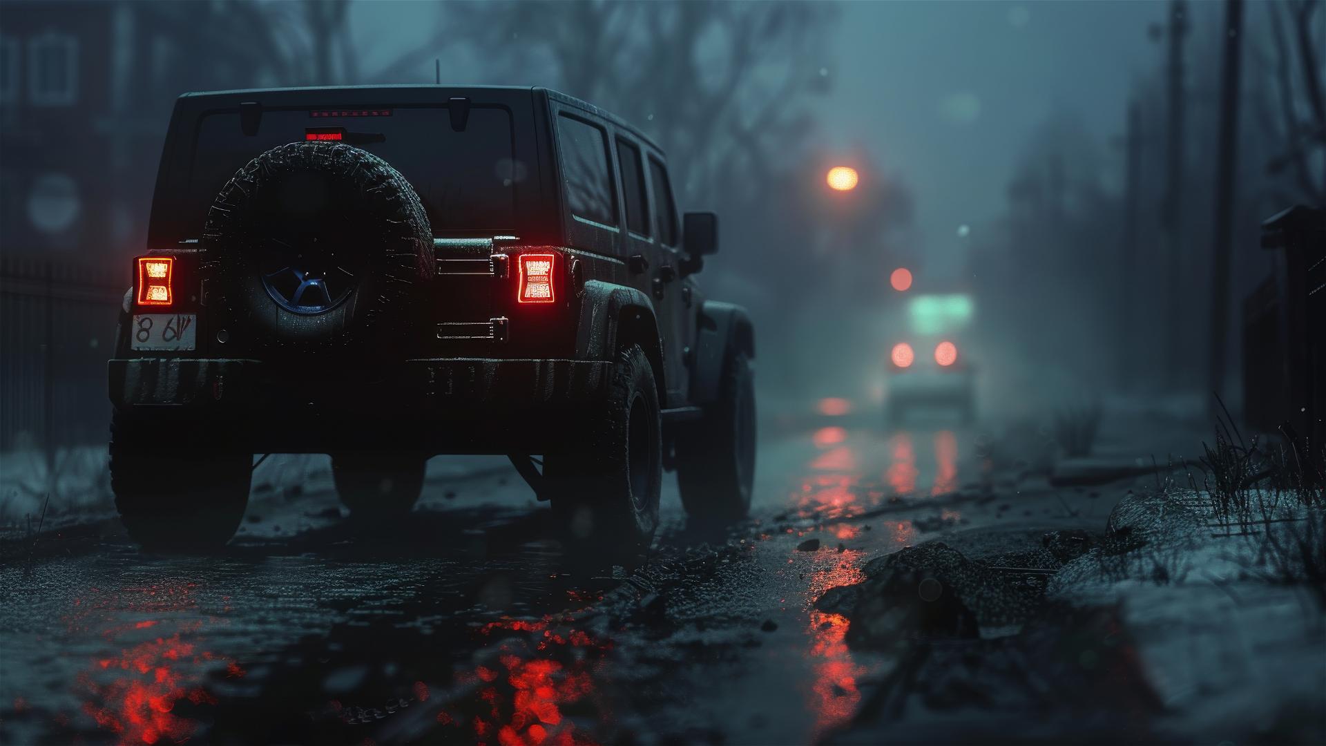 Jeep Compass in dim gothic lighting with a closeup photorealistic view
