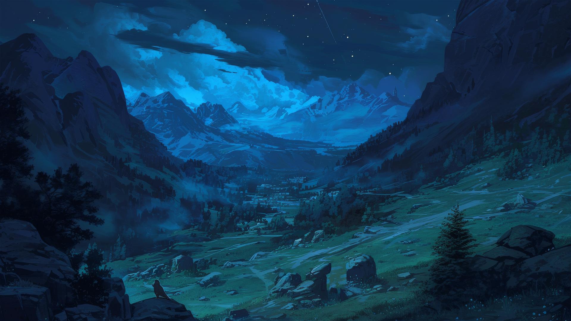 Dark mountain pass at night with shadows and faint starlight