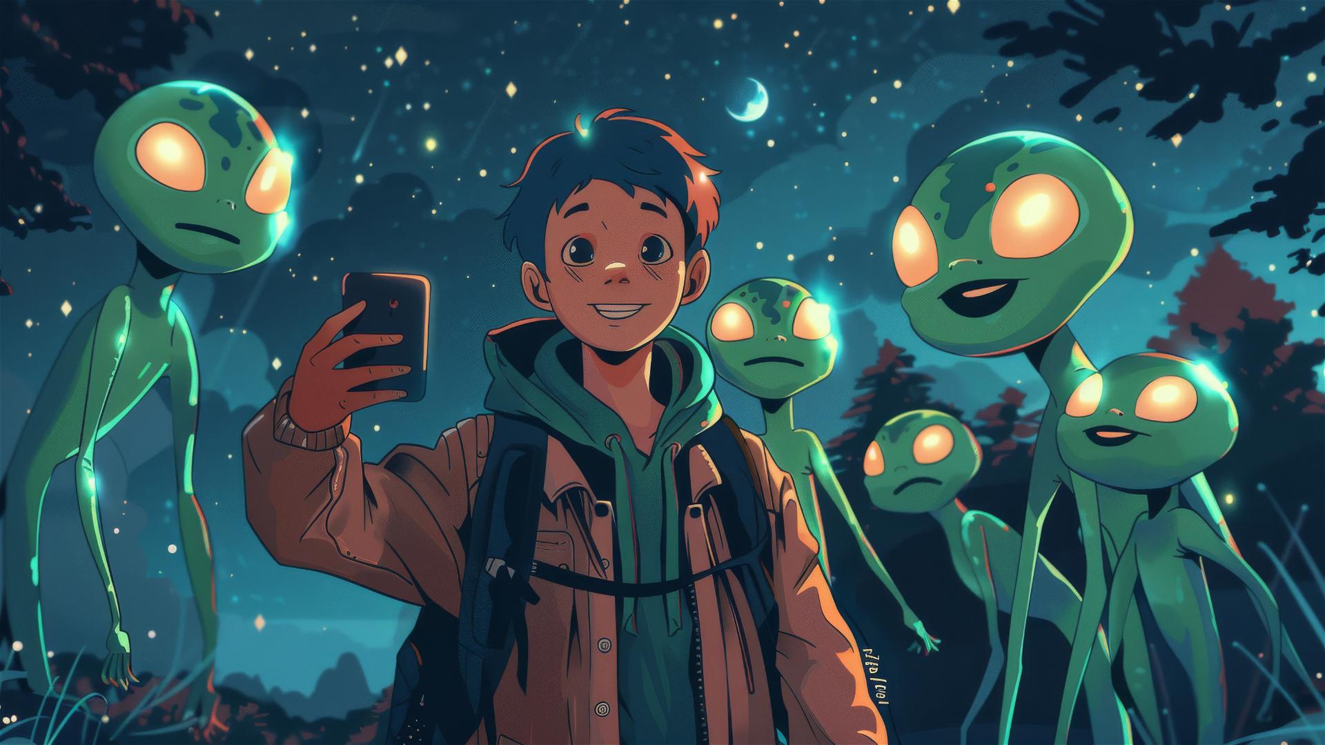 Man taking selfie with green aliens under a starry night sky
