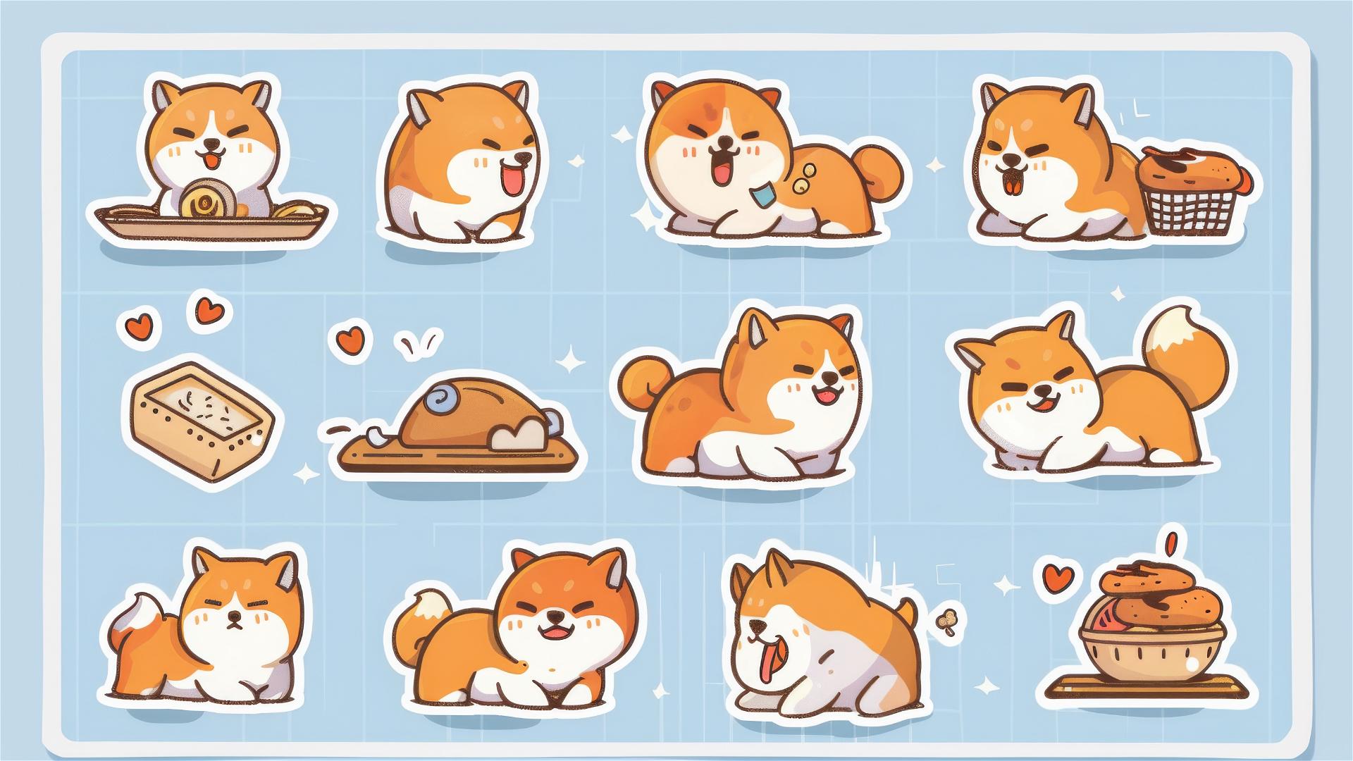 Cute kawaii Shiba Inu characters eating bread and treats, colorful vector art