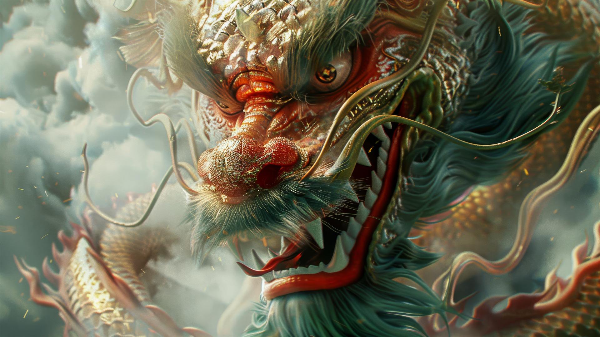 Fire-breathing dragon with golden beard and shiny scales in a Chinese New Year scene.