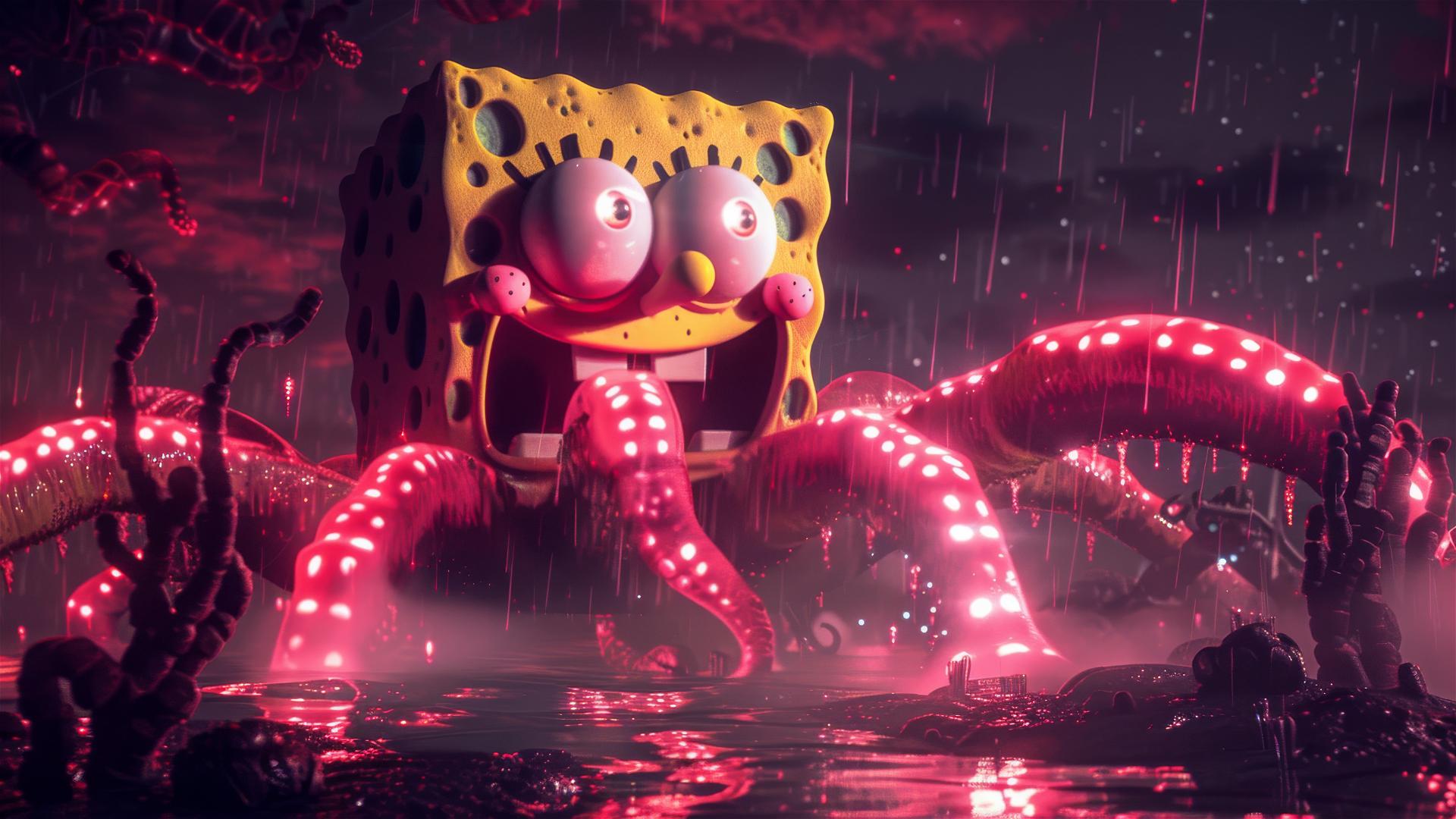 SpongeBob SquarePants with a giant tentacle in glowing red cybernetic ocean at night