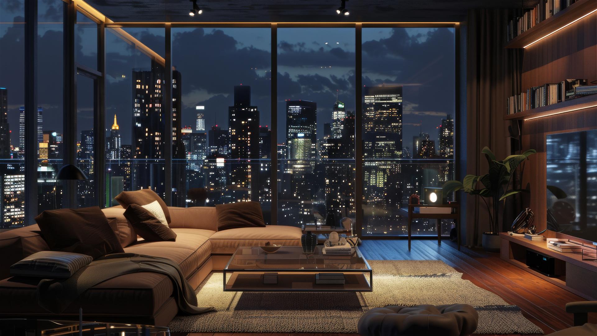 Cozy living room, dim lights, city skyline view.
