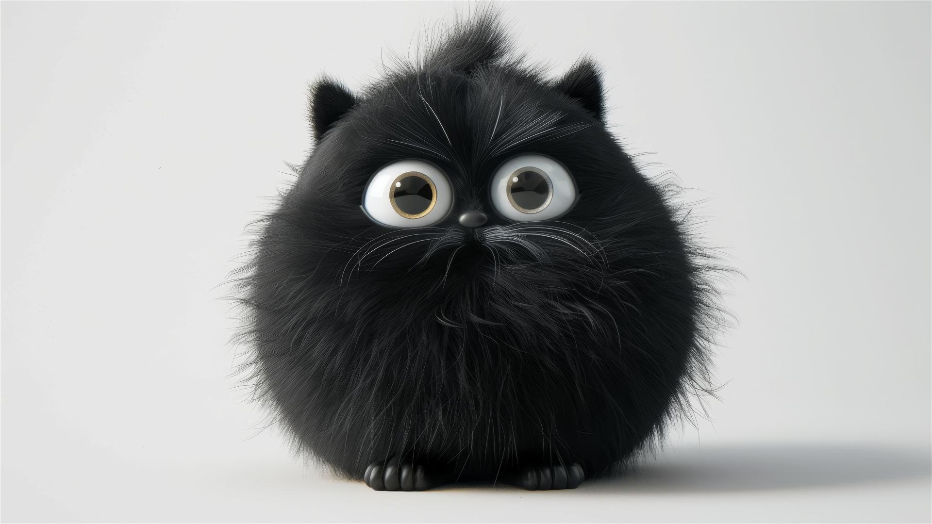 Cartoonish chubby black kitten with funny expressions on white background