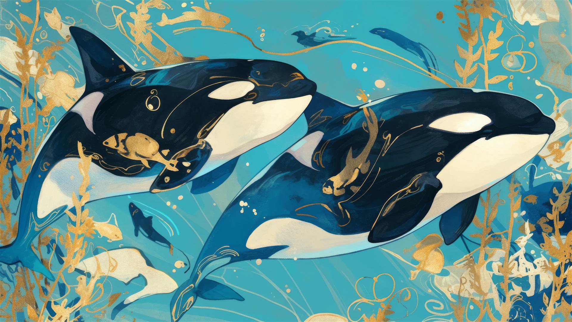 Matisse-style orcas on pastel blue with gold accents