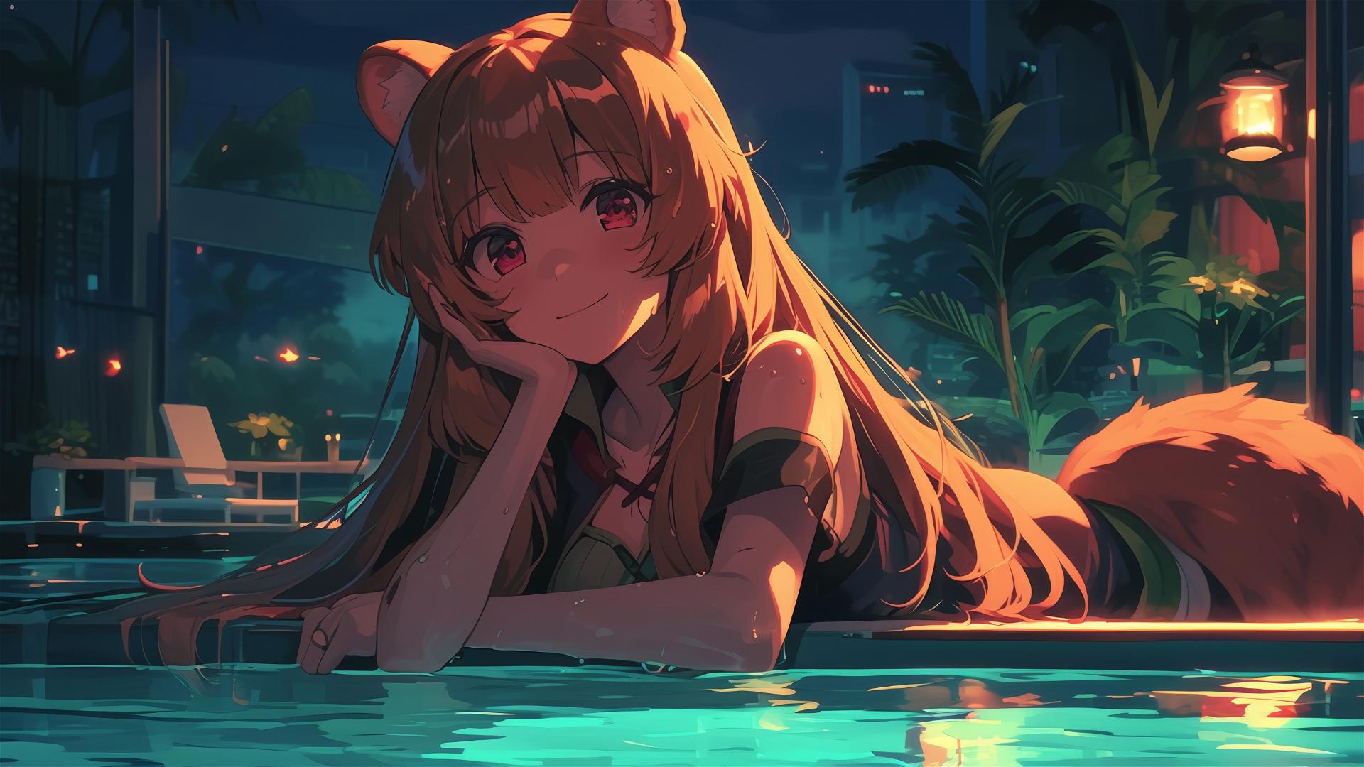 Raphtalia swimming under the moonlight in a pool
