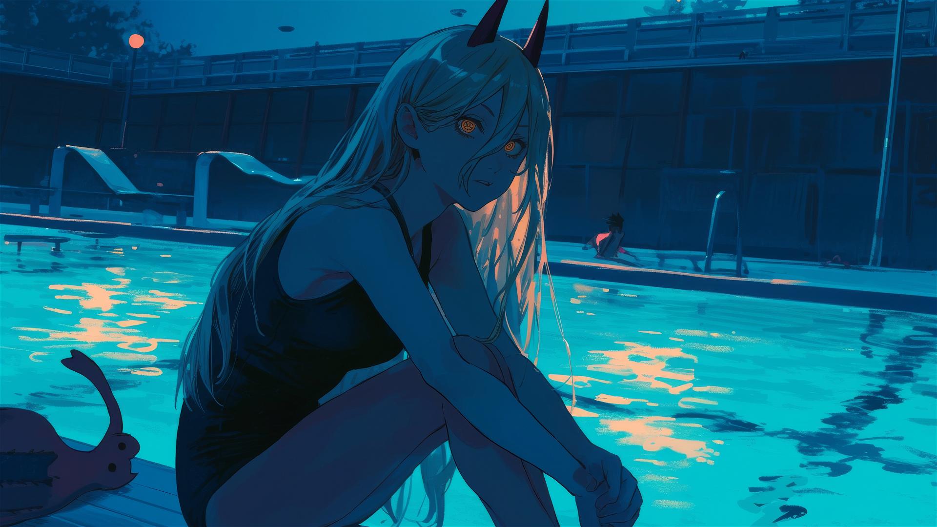 Power from Chainsaw Man resting by pool under moonlight, yellow eyes.