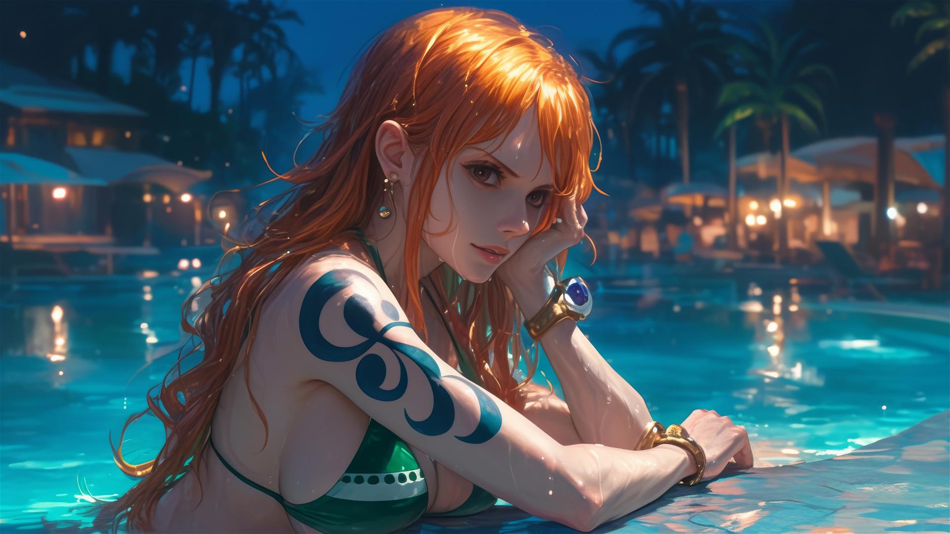 Nami from One Piece by poolside under moonlight