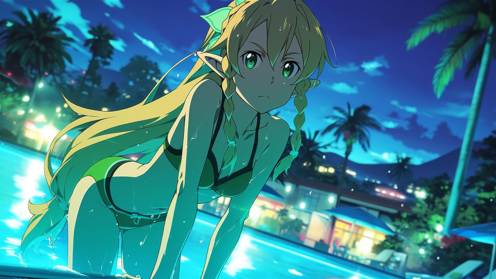 Leafa from Sword Art Online standing by a pool under moonlight