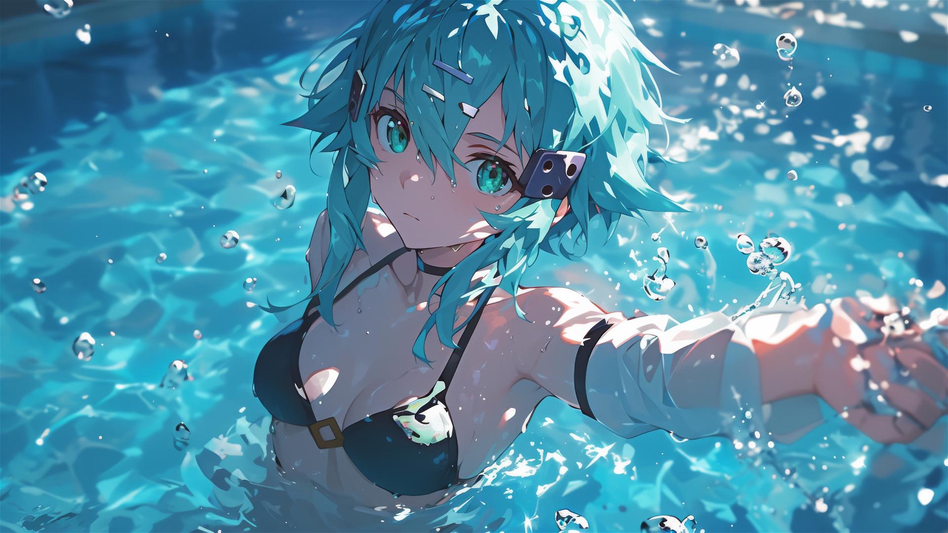 Sinon from SAO standing in a pool under moonlight