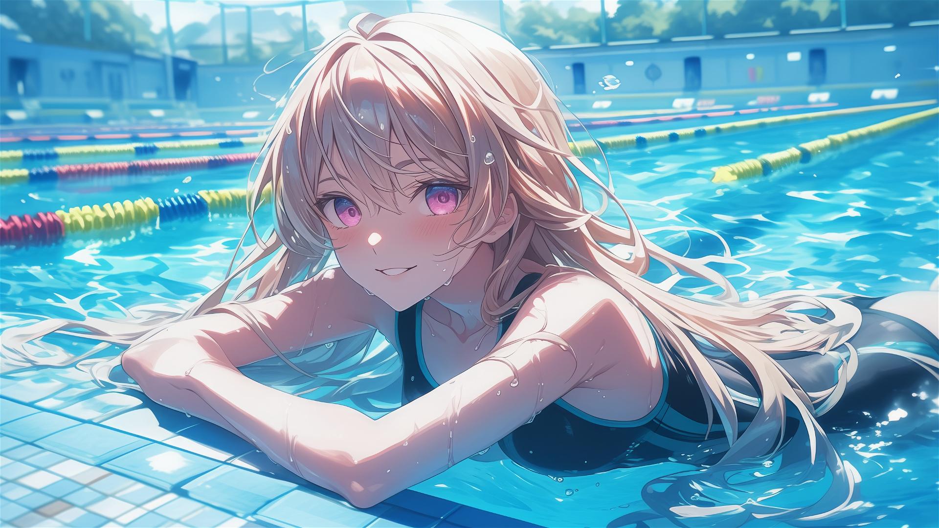 Erina Nakiri swimming in pool under moonlight, pink-purple eyes, blonde hair