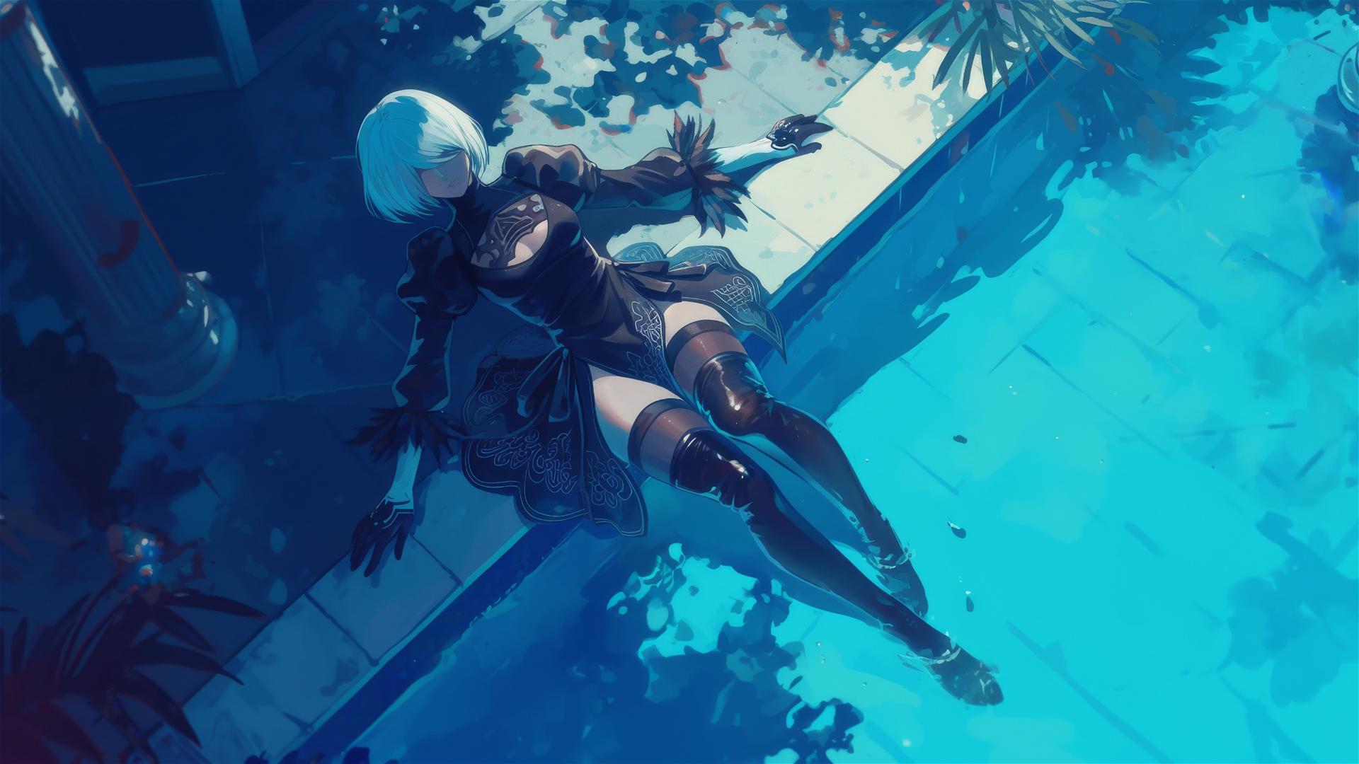 2B from Nier rests by pool under moonlight