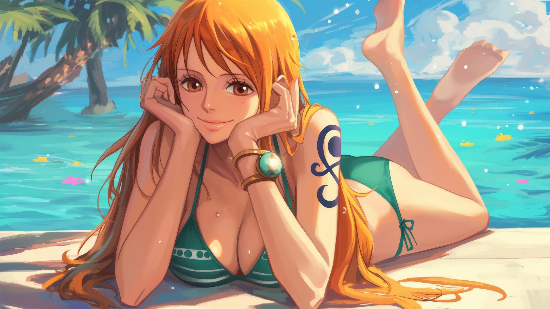 Nami from One Piece resting by the pool under moonlight