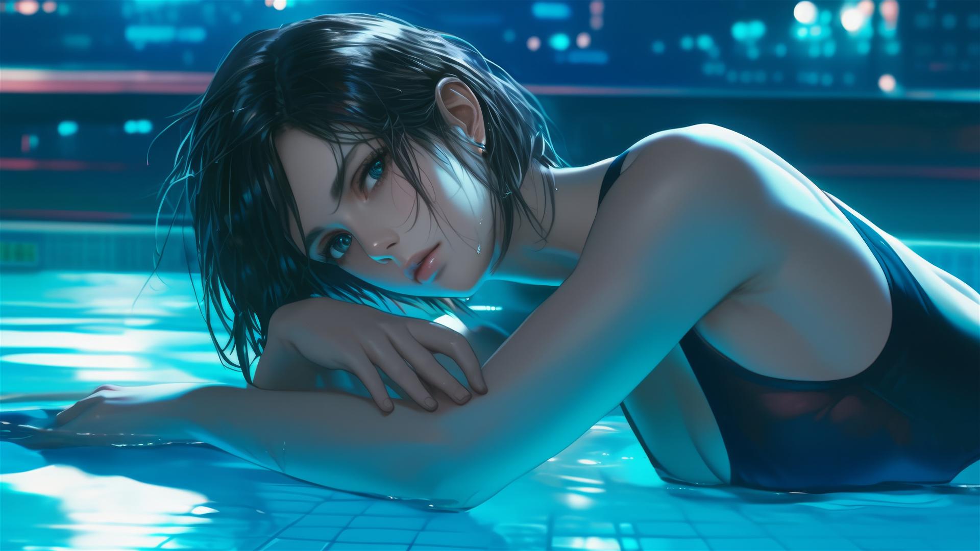 Mikasa Ackerman resting by pool under moonlight