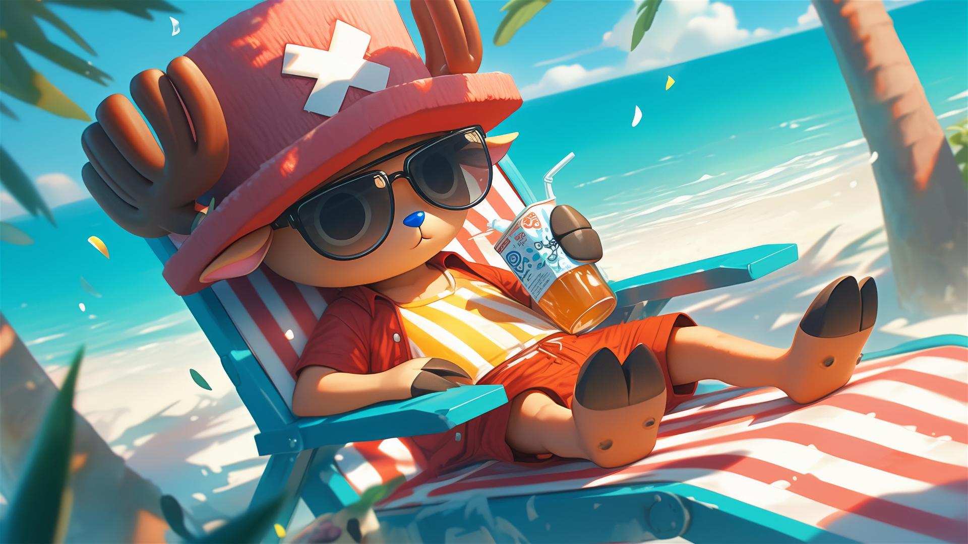 Tony Tony Chopper from One Piece in sunglasses lounging on a beach chair with a juice box
