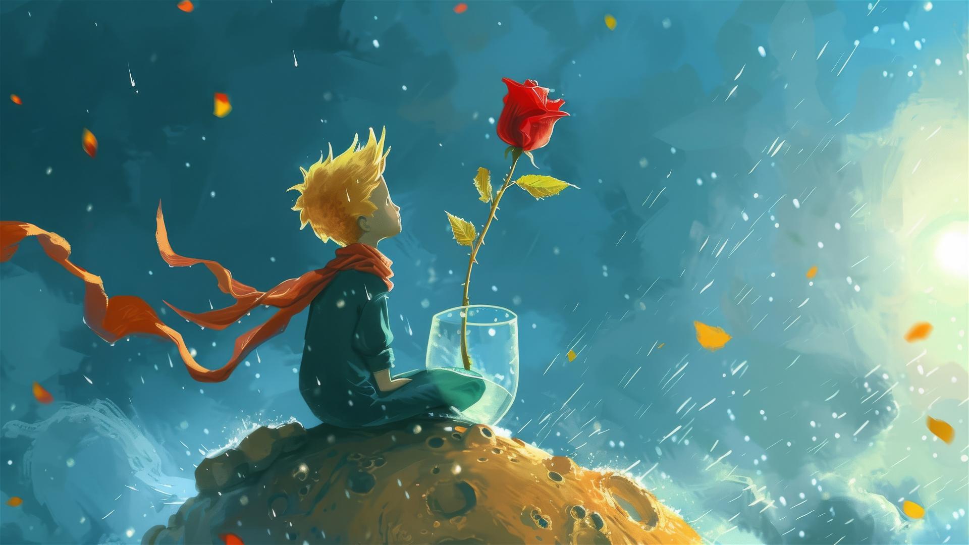 Little Prince on planet, rose in glass, rainy blue sky, windy, sad but beautiful scene, watercolor painting.