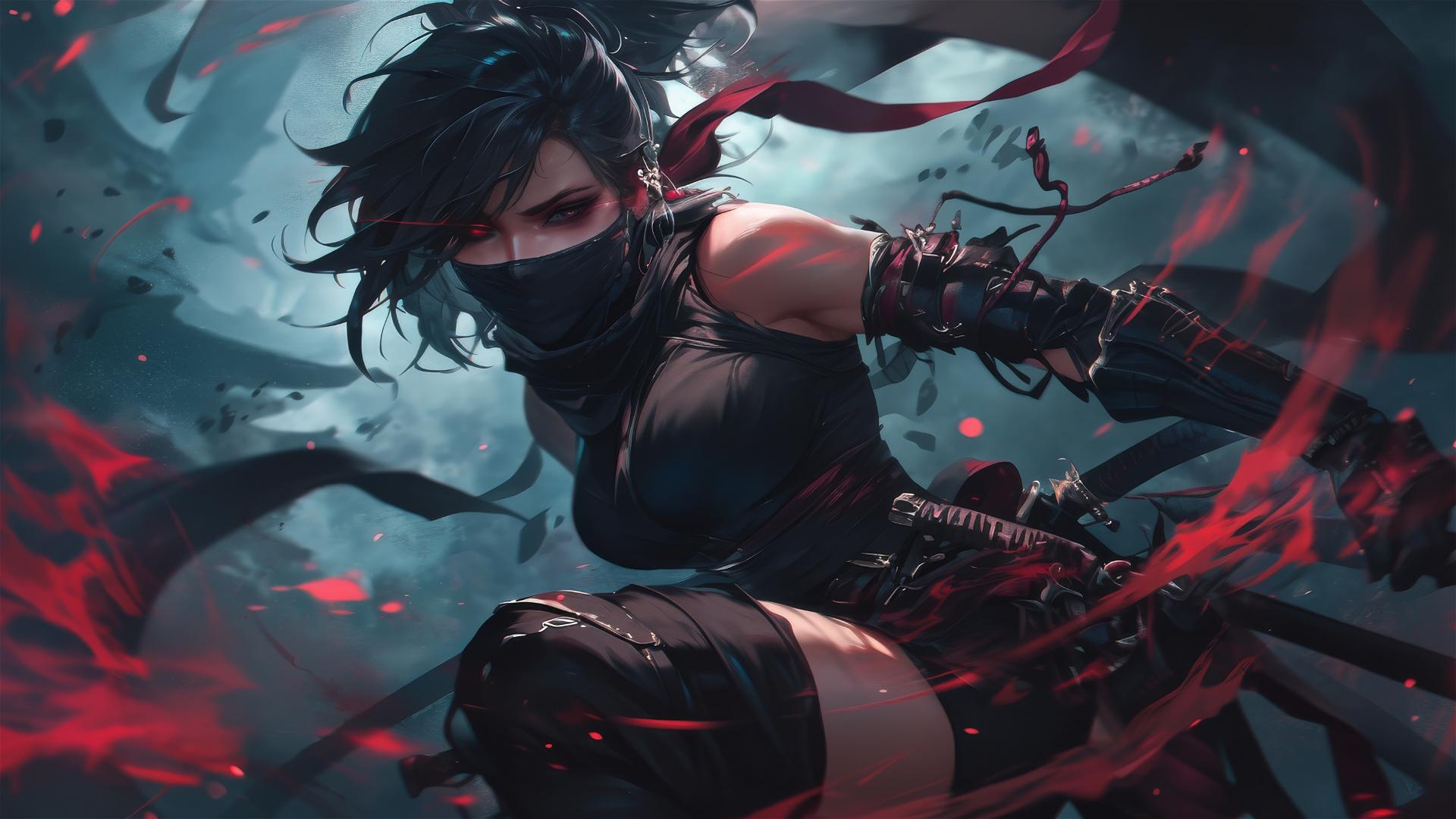 Ninja girl with short hair in dynamic pose, thigh-focused spotlight