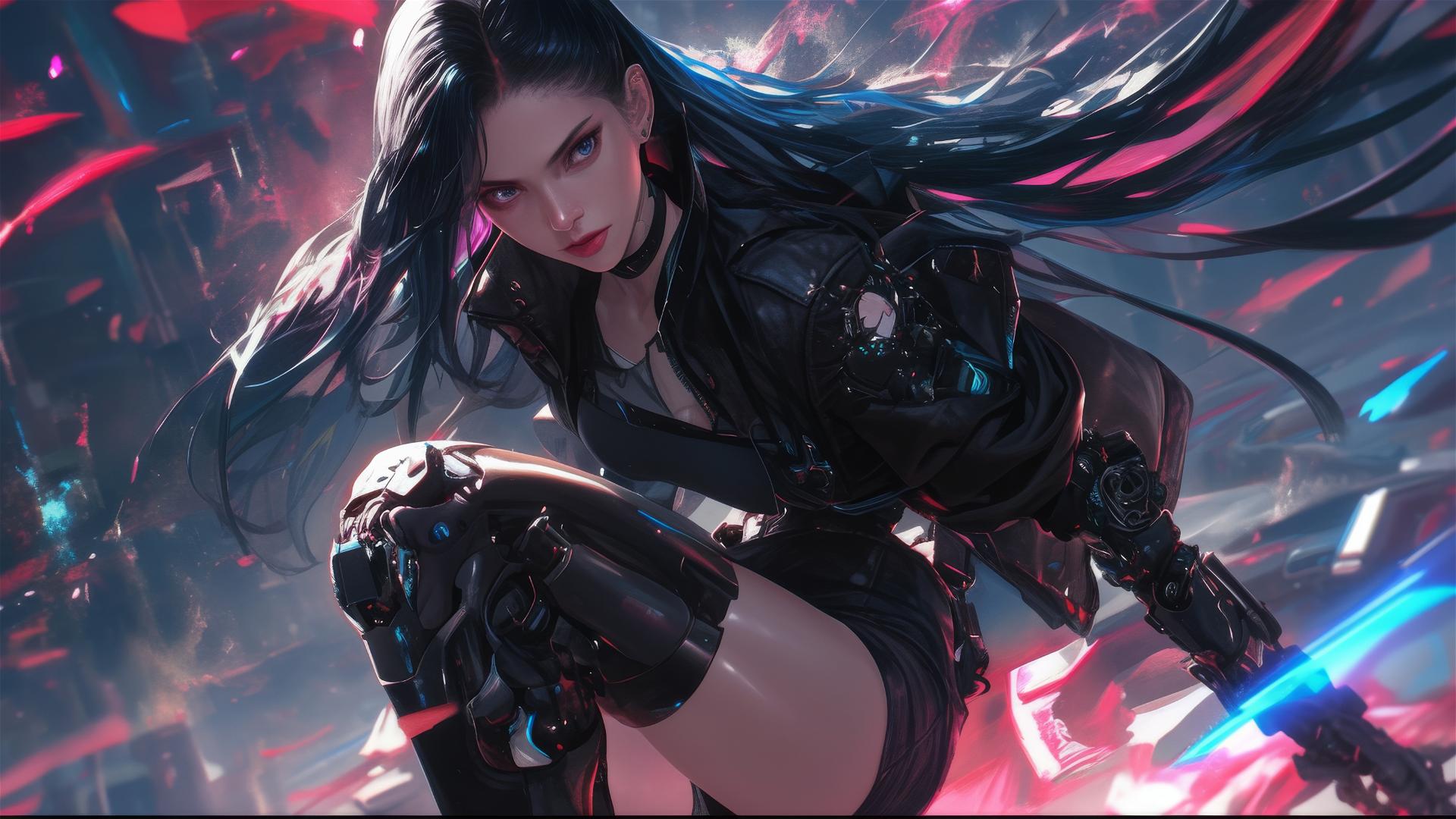 Cyberpunk girl in dynamic pose with thigh focus on dark background