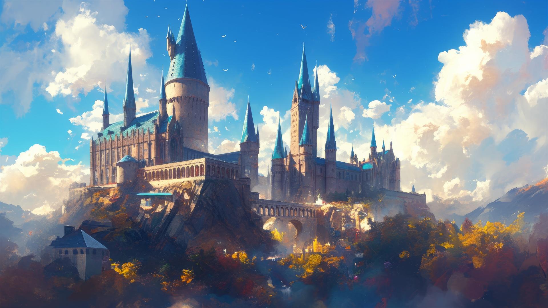 Illustrated view of Hogwarts from Harry Potter