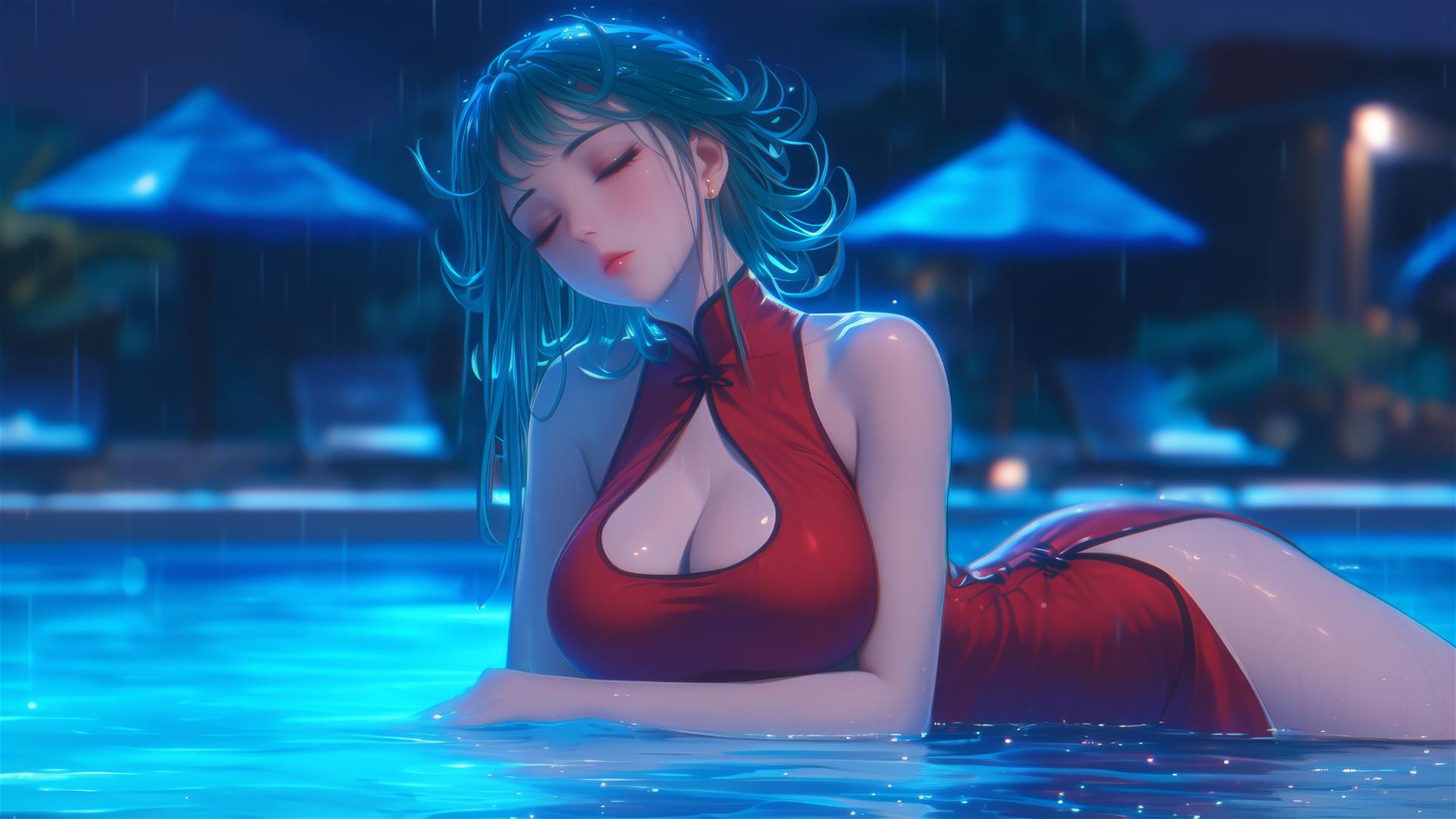 Tatsumaki from One-Punch Man resting by a pool under moonlight in rain