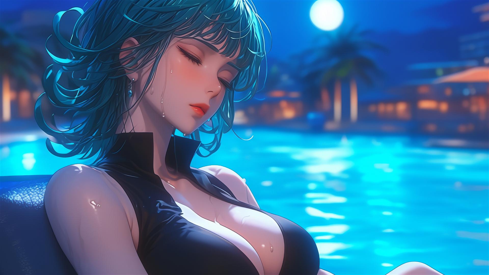 Tatsumaki from One-Punch Man resting by a pool under moonlight