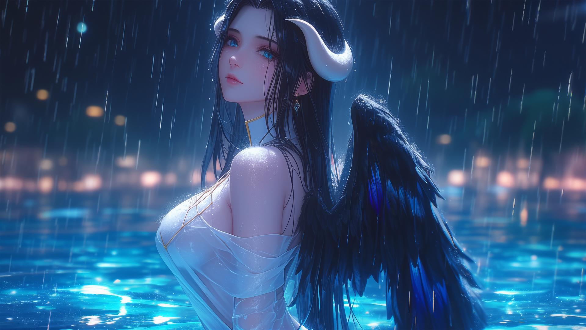 Albedo from Overlord standing in a pool under the moonlight in the rain