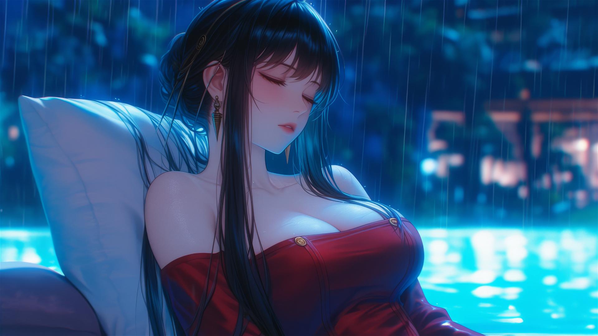 Yor Forger relaxing by pool with moonlight reflecting on rain and red pajamas