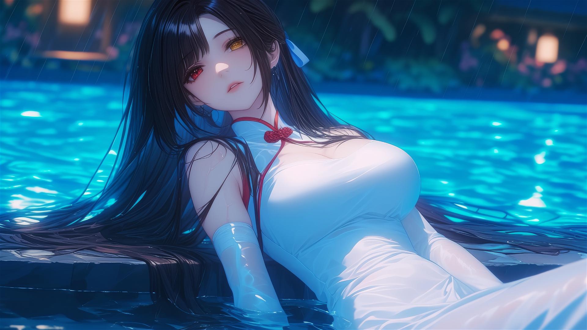 Kurumi Tokisaki from Date A Live by a pool with moonlight on her white dress, red eye visible