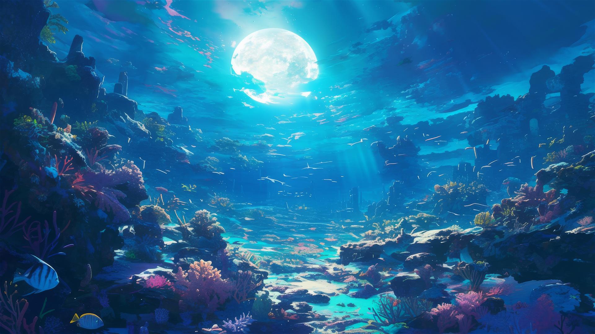 Moonlight shining on a coral reef with diverse marine life