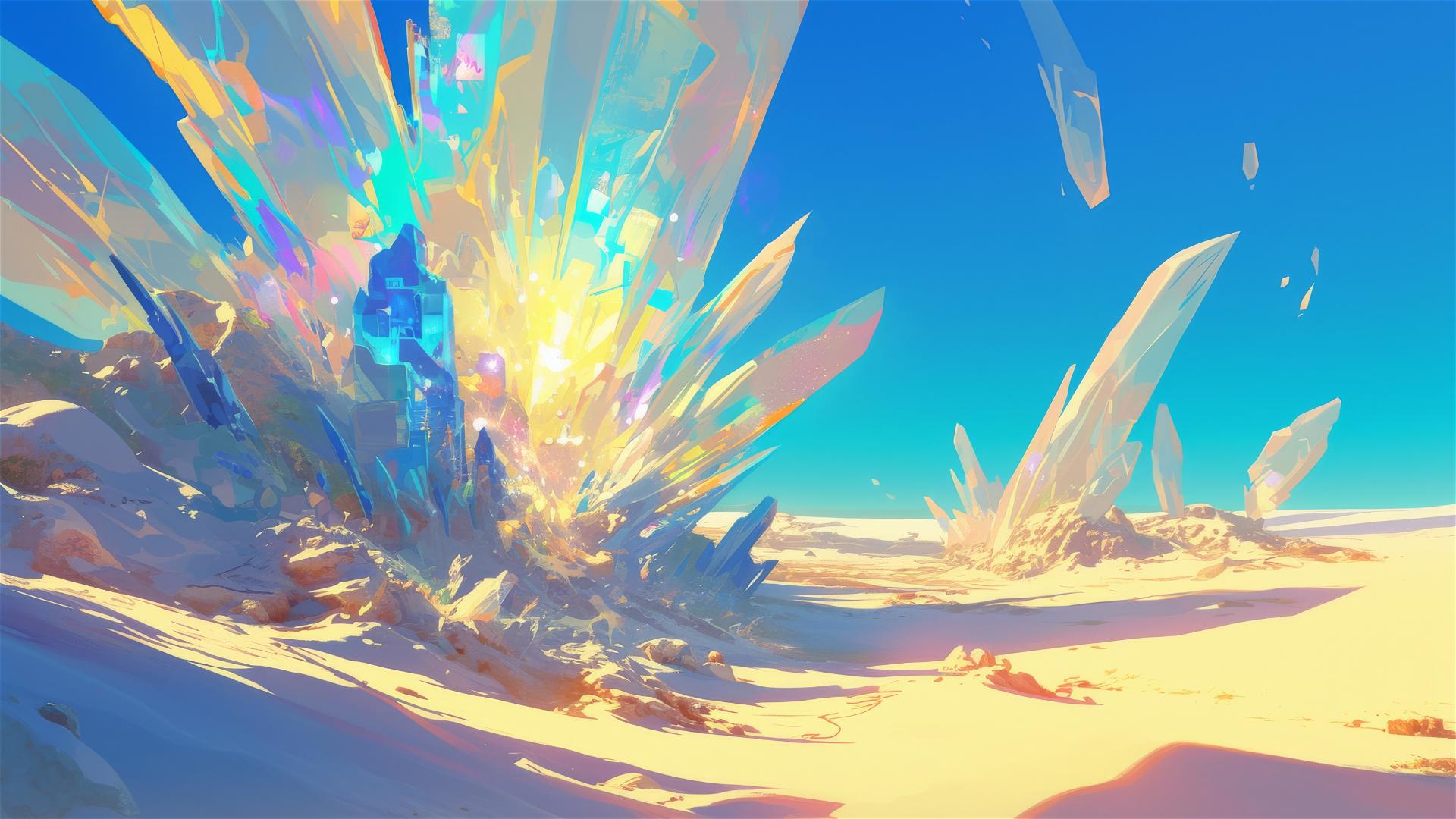 Crystal dunes sparkling in sunlight with rainbow colors