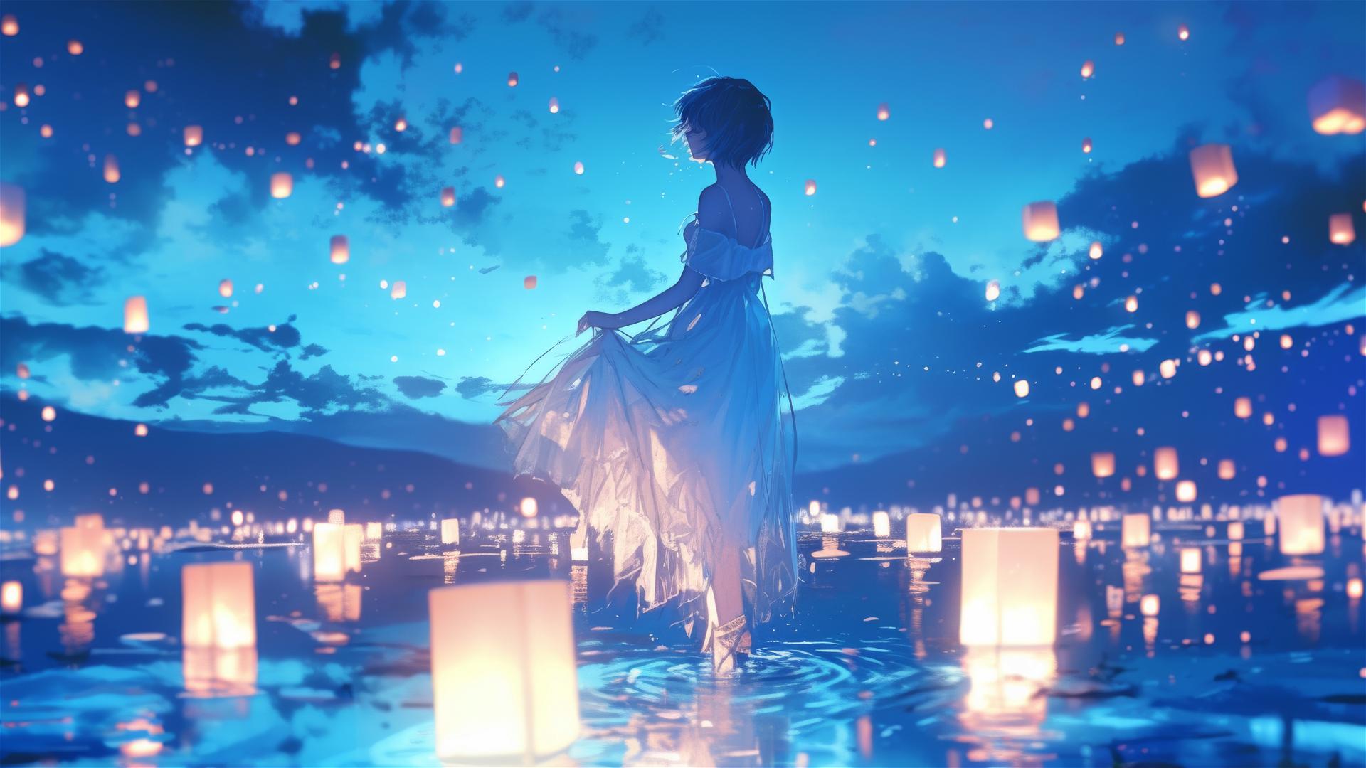 Rei Ayanami in chiffon dress by lantern-lit river
