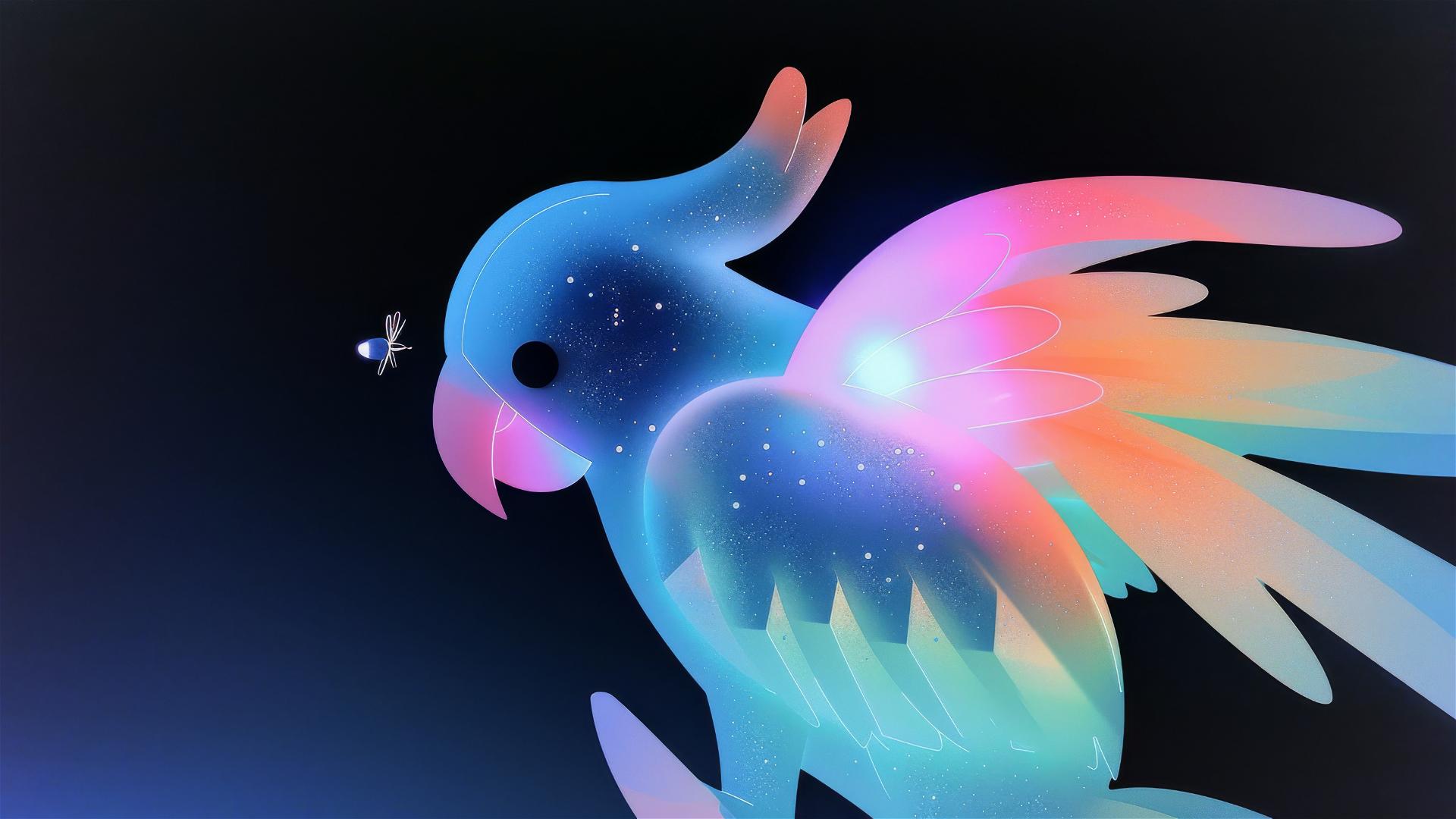 Crystal-clear parrot with firefly on its wing in a faint light