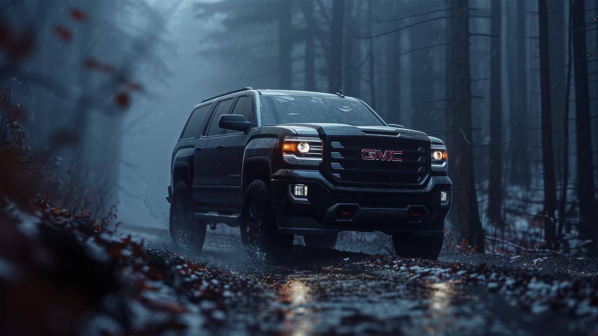 Photorealistic closeup of GMC Yukon in dim, foggy, gothic setting