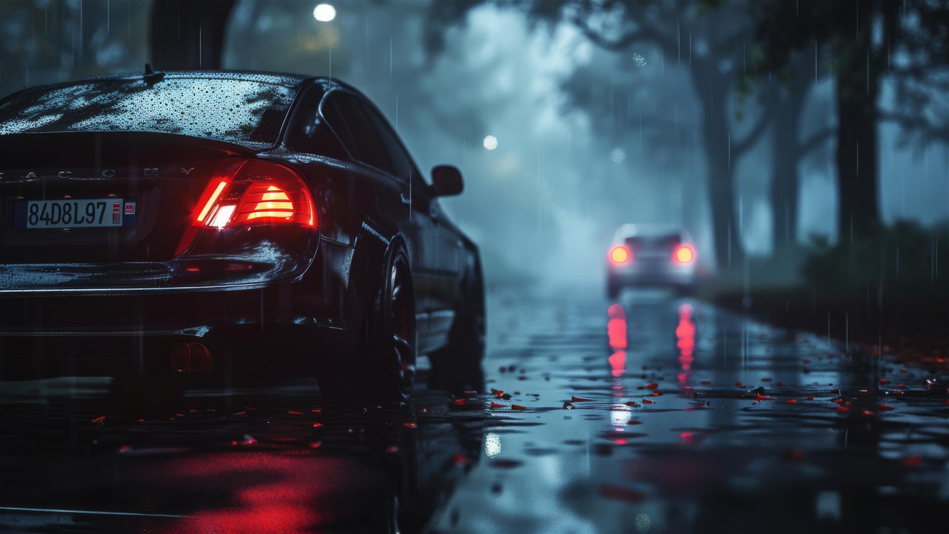 Close-up of a Saab 9-3 in dim, foggy, gothic setting