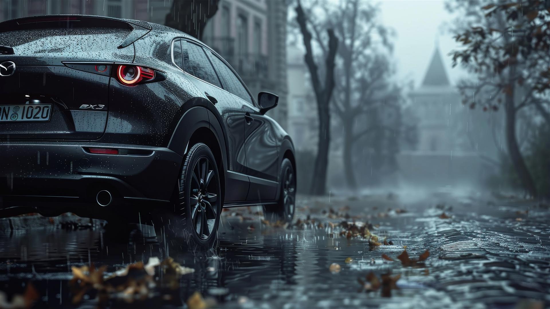 Gothic gloomy Mazda 3 in dim lighting with fog