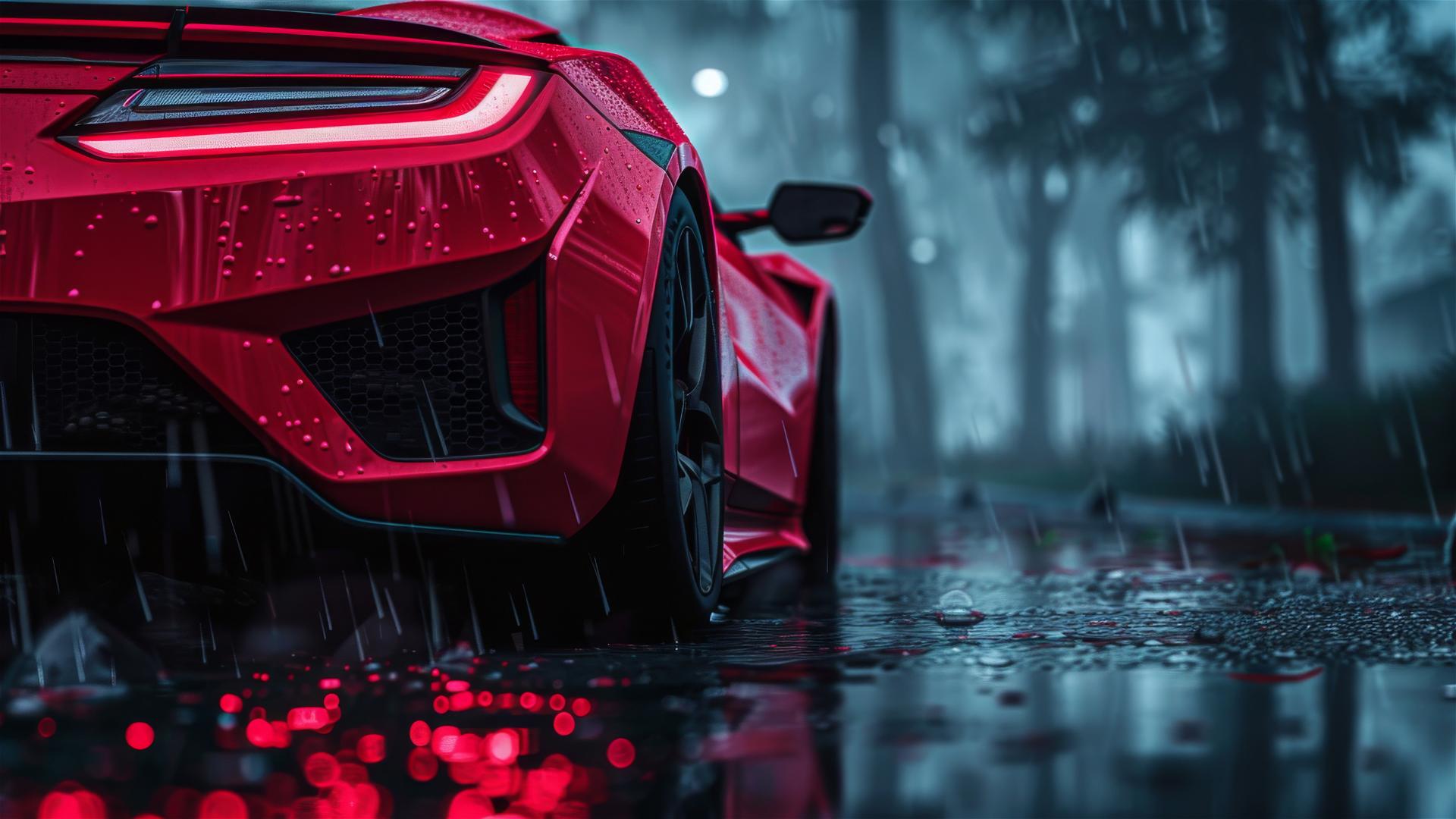 Close-up of a Honda NSX in dim, foggy, gothic setting