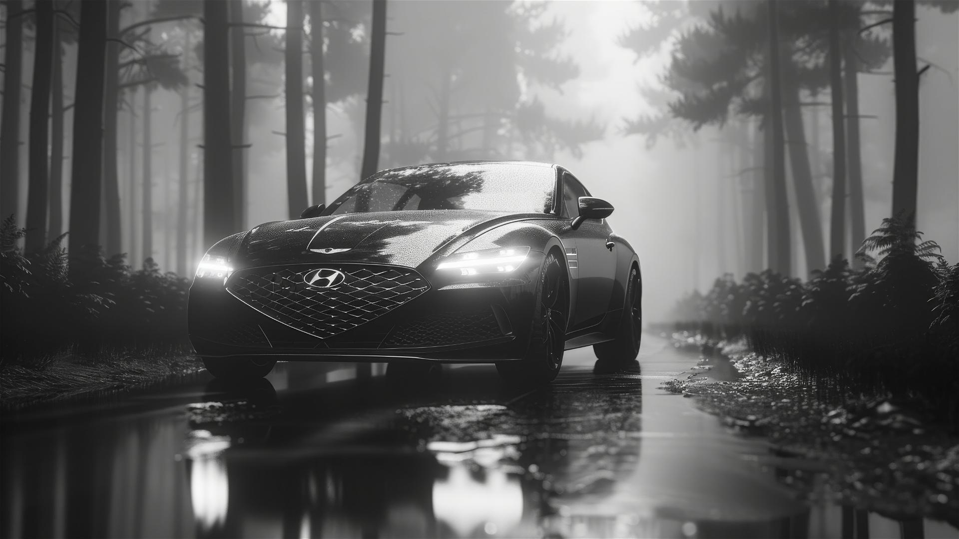 Closeup of a Hyundai Genesis in dim gothic lighting, surrounded by fog