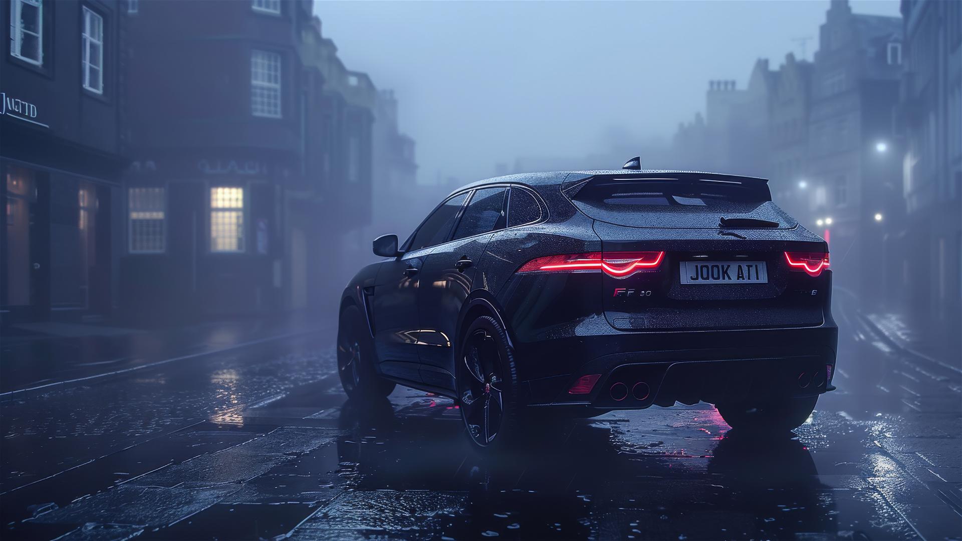 Gothic gloomy close-up of Jaguar F-PACE in dim light and fog